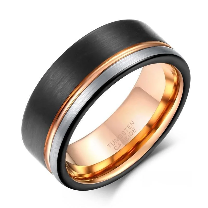 Specialty Leonardo Tungsten Carbide Rose Gold Line Brushed Ring Stylish