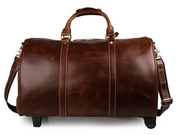 Refined Theodore Full Grain Leather Trolley Duffel Luggage Bag Expertly Made