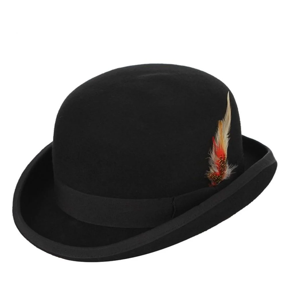 Enhanced Wool Felt Black Bowler Hat With Feather Green