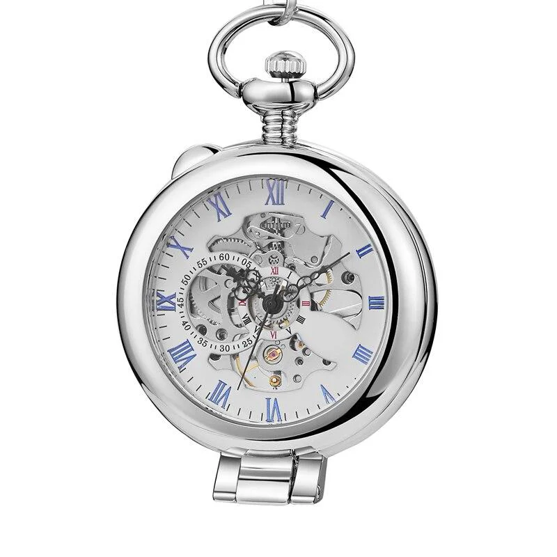 Premium Olaf Orkina Mechanical Skeleton Pocket Watch Silver Prestigious