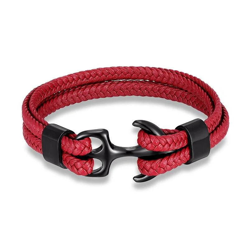 First-Class Anchor Red Braided Leather Bracelet Elegant