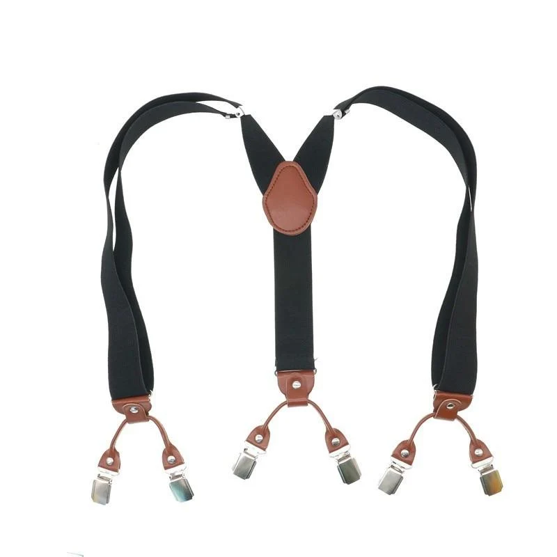 Official Giordano Solid Retro Leather 6 Clip Business Suspenders 35 mm Smooth