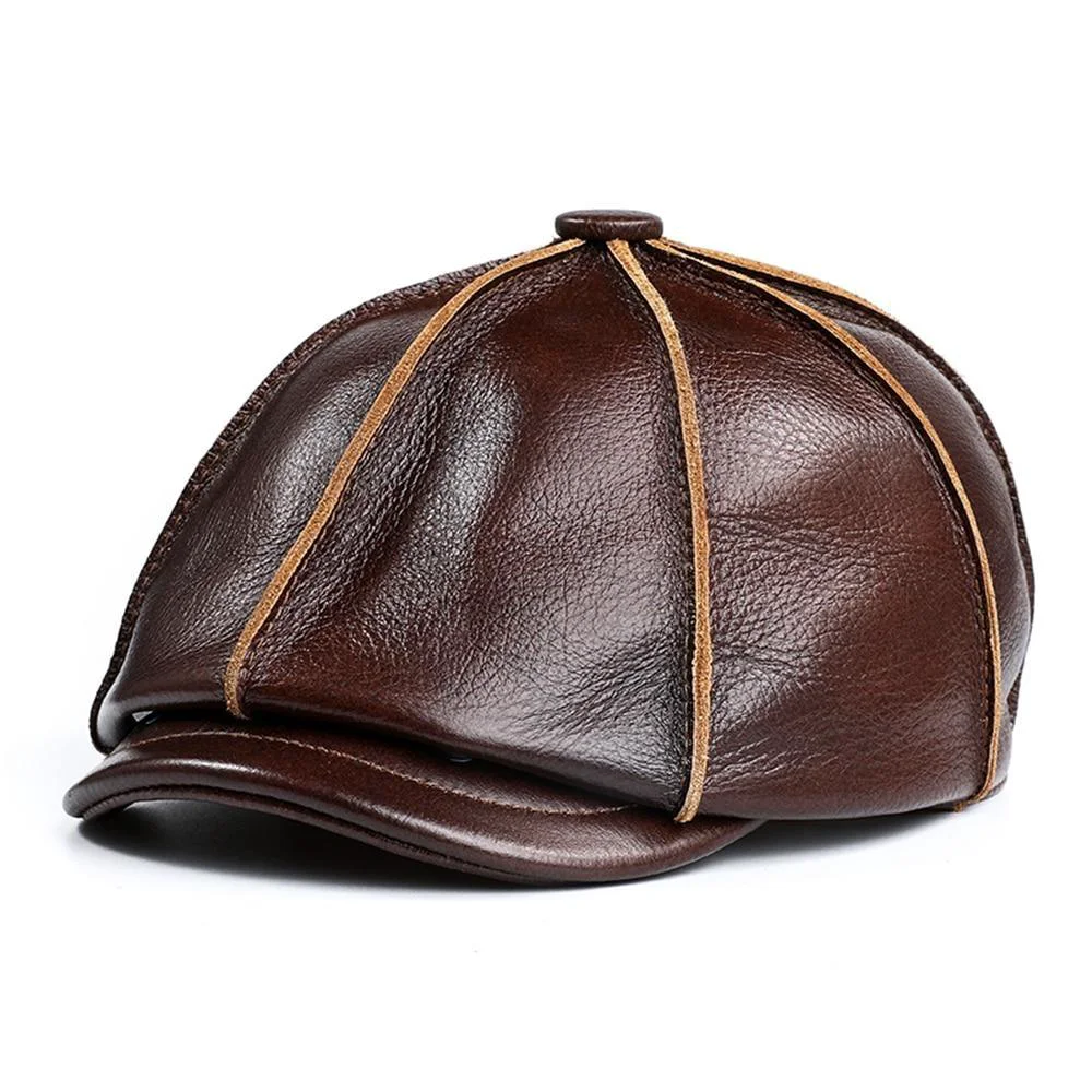 Authentic Leather Newsboy Cap With Ear Flaps Minimalist