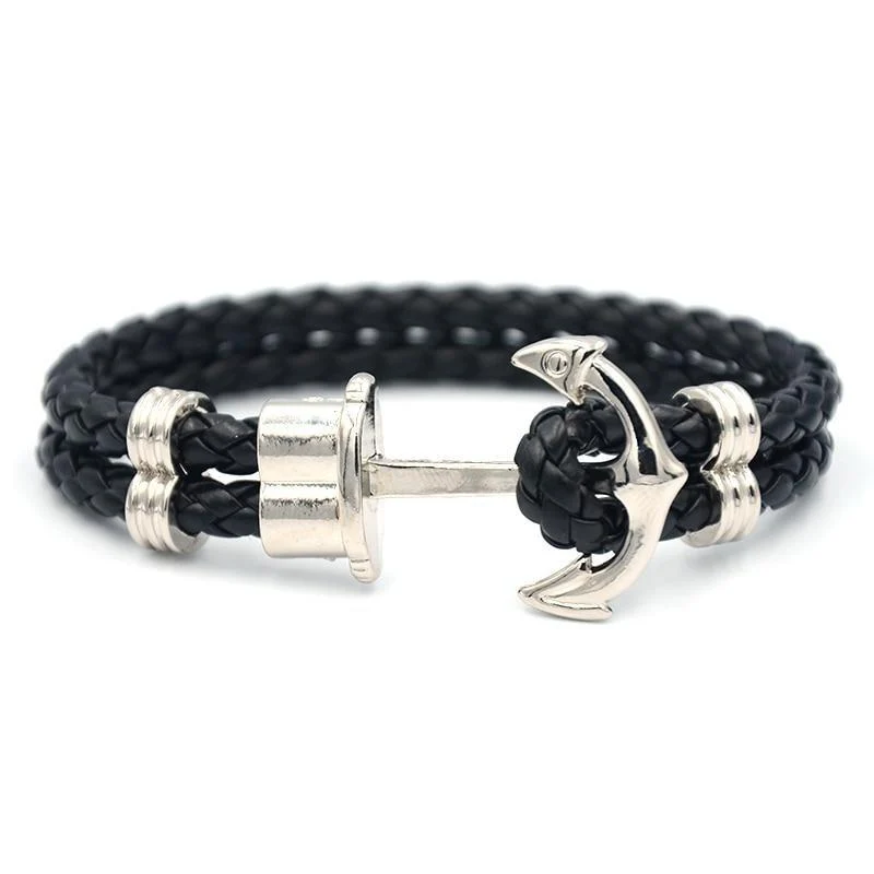 User-Friendly Oliver Silver Anchor Braided Leather Bracelet Durable