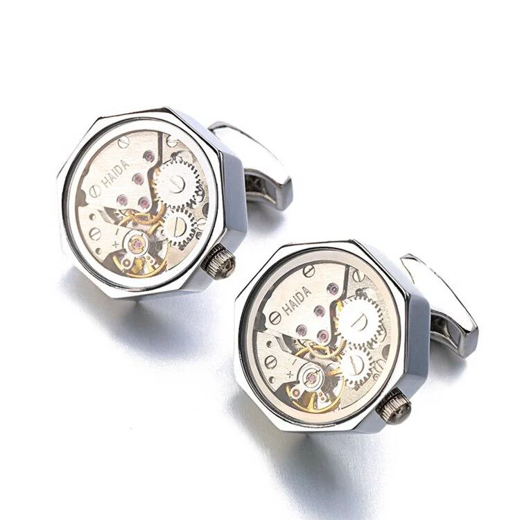 First-Class Hexagon Stainless Steel Mechanical Movement Cufflinks Detailed