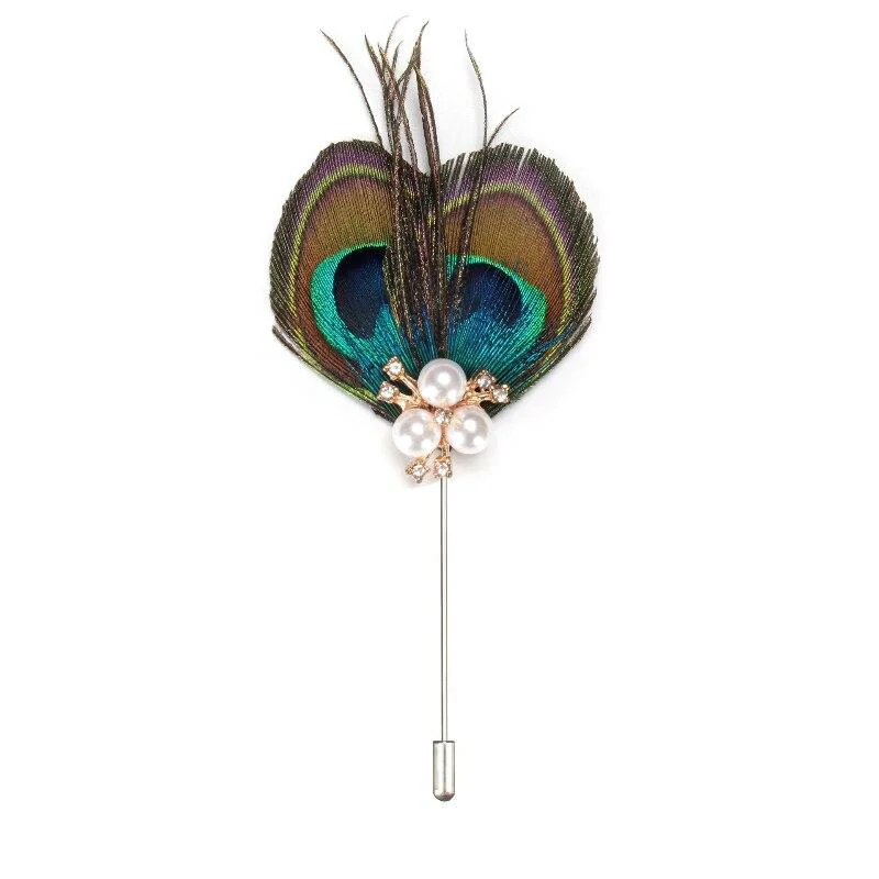 Durable Peacock Feather With Pearls Lapel Pin Casual
