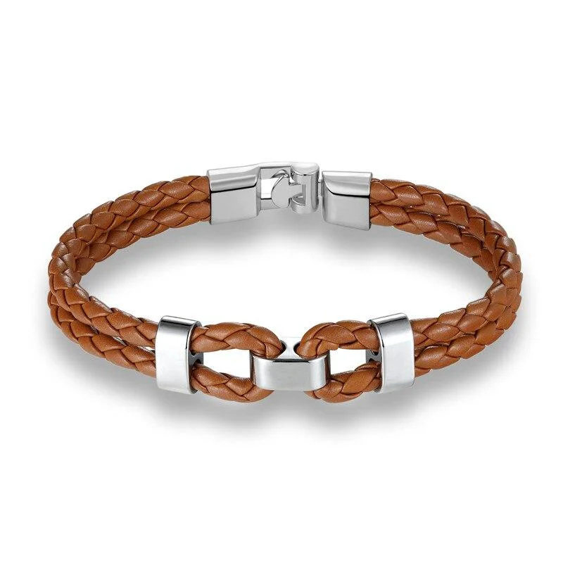 Quality Pulsera de cuero trenzado con doble grillete de plata mate Minimalist