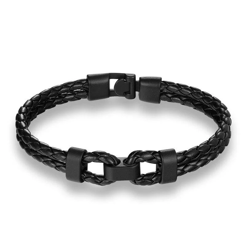 World-Class Pulsera de cuero trenzado con doble grillete negro mate Organic