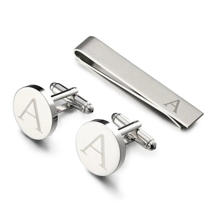 Authentic Set de gemelos y pasador de corbata personalizados con monograma Elegant