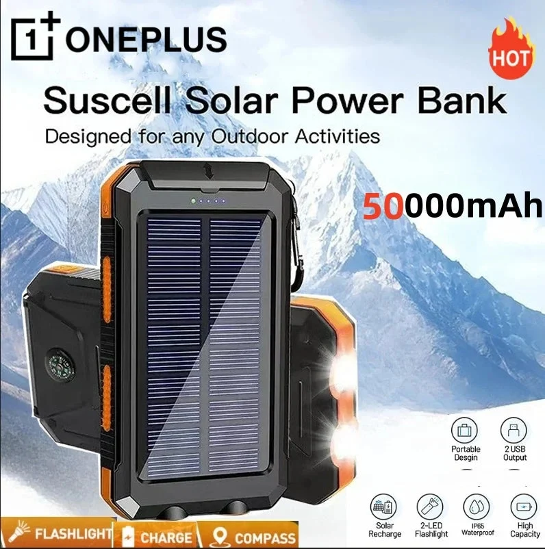 Elite 50000mAh Solar Power Bank – Portable Fast Charging External Battery with LED Flashlight Digital Display Organic