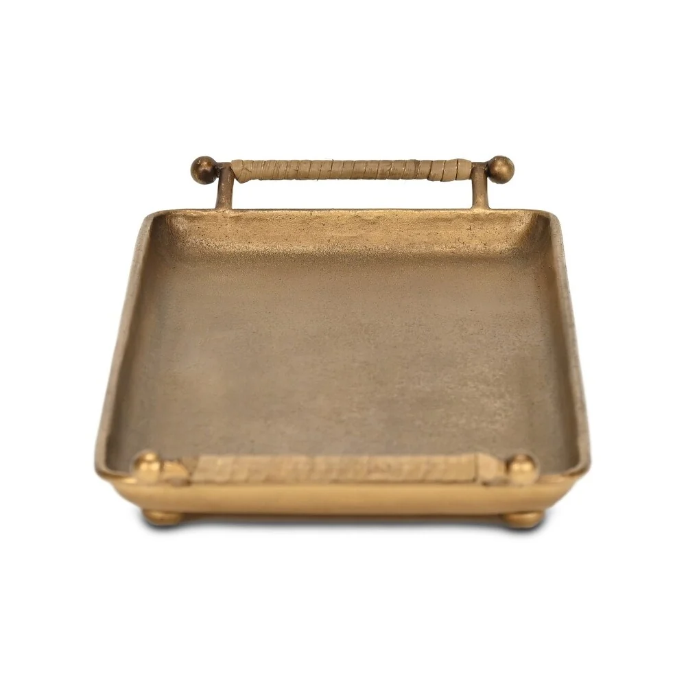 Refined Syla Gold Metal Tray w Wicker Wrapped Handles Comfortable