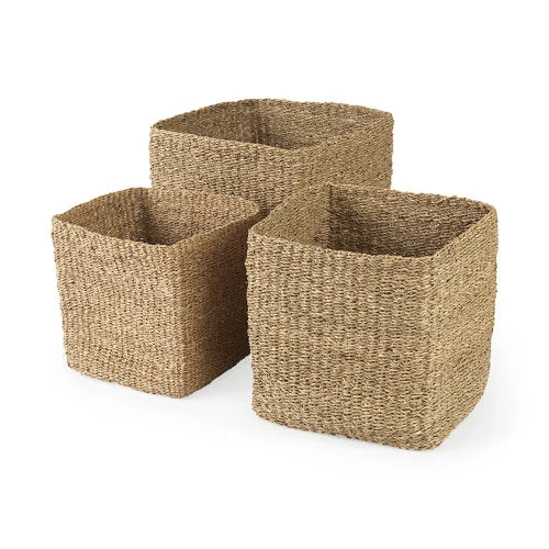 Durable Copenhagen 15.7L x 15.7W x 15.7H Set of 3 Medium Brown Square Twisted Seagrass Square Basket Authentic