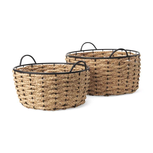 Luxury Braelyn 17.3L x 17.3W x 10.6H Set of Two Woven W Metal Detail Round Baskets Effective