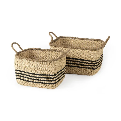 Efficient Emma 17.3L x 13.0W x 11.0H Set of 2 Light Brown Seagrass Rectangular Basket W Black Stripes Next-Generation