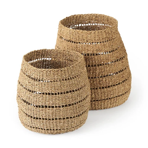 High-End Hayes 17.7L x 17.7W x 11.8H Set of 2 Medium Brown Seagrass Round Basket with Stripe Pattern Fashionable