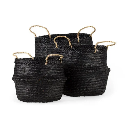 Excellent Ella 9.8L x 9.8W x 11.0H Set of 3 Black Seagrass Basket W Light Brown Handles Genuine