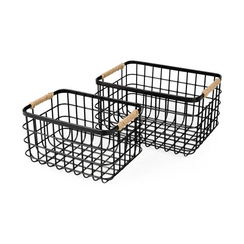 Quality Marius 20.9L x 15.2W x 12.2 Set of Two Matte Black Metal W Rope Trim Rectangular Baskets Reliable