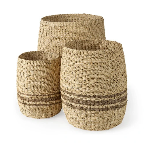 Flexible Sivannah 19.7L x 19.7W x 23.6H Set of 3 Light Brown and Medium Brown Striped Seagrass Round Basket Fine