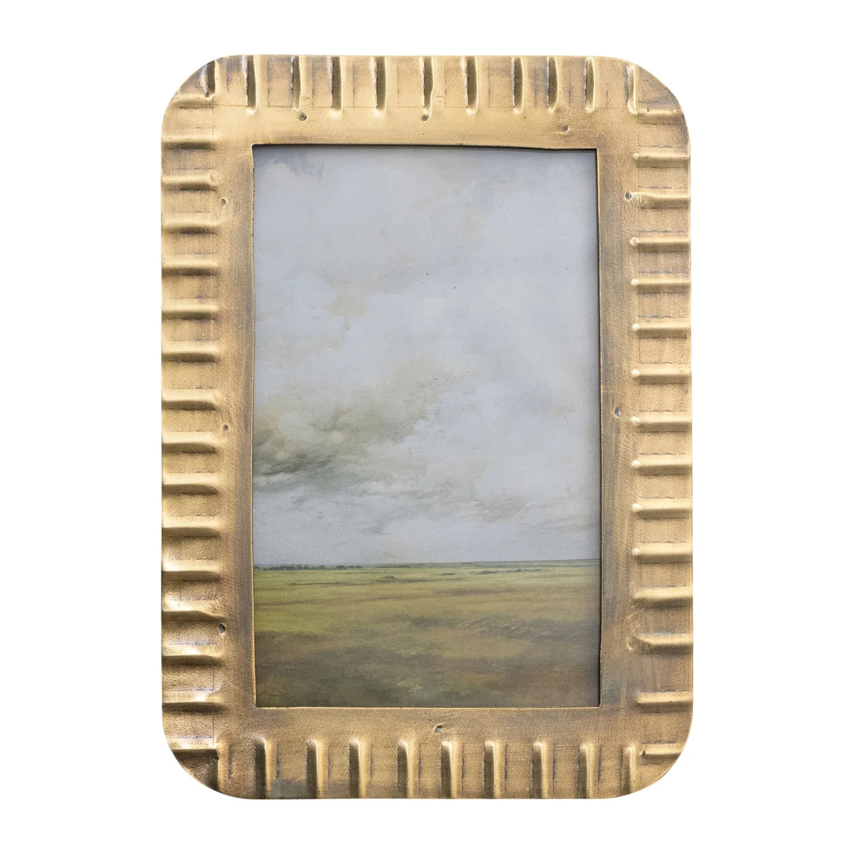 Refined Metal Ribbed Photo Frame Antique Brass Finish Holds 4 x 6 Photo Comfortable