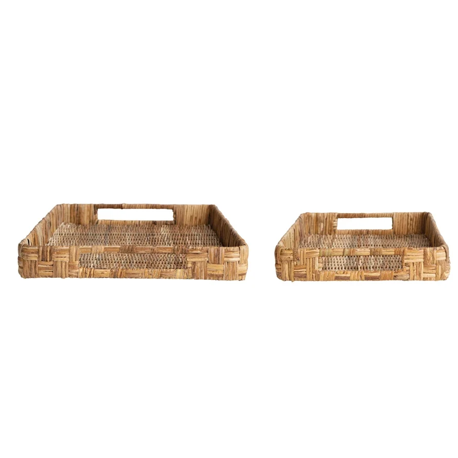 Specialty Decorative Hand-Woven Rattan Trays w Handles Natural Set of 2 Elegant