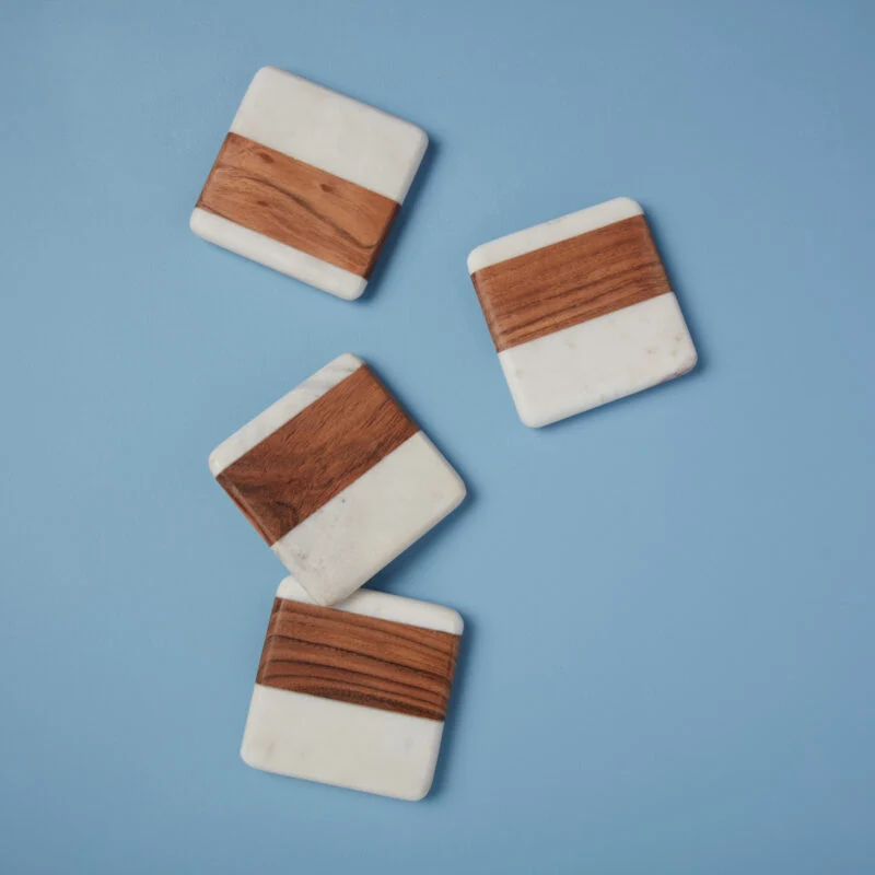 High-End White Marble Wood Square Coasters – Set of 4 Comfortable