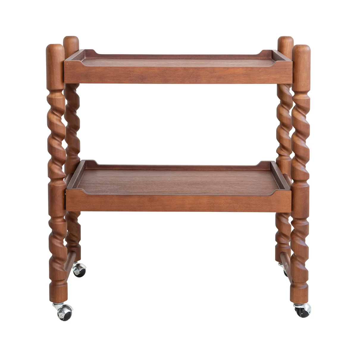 Relaxed Brushed Rubberwood 2-Tier Bar Cart with Turned Legs on Casters Walnut Finish Certified