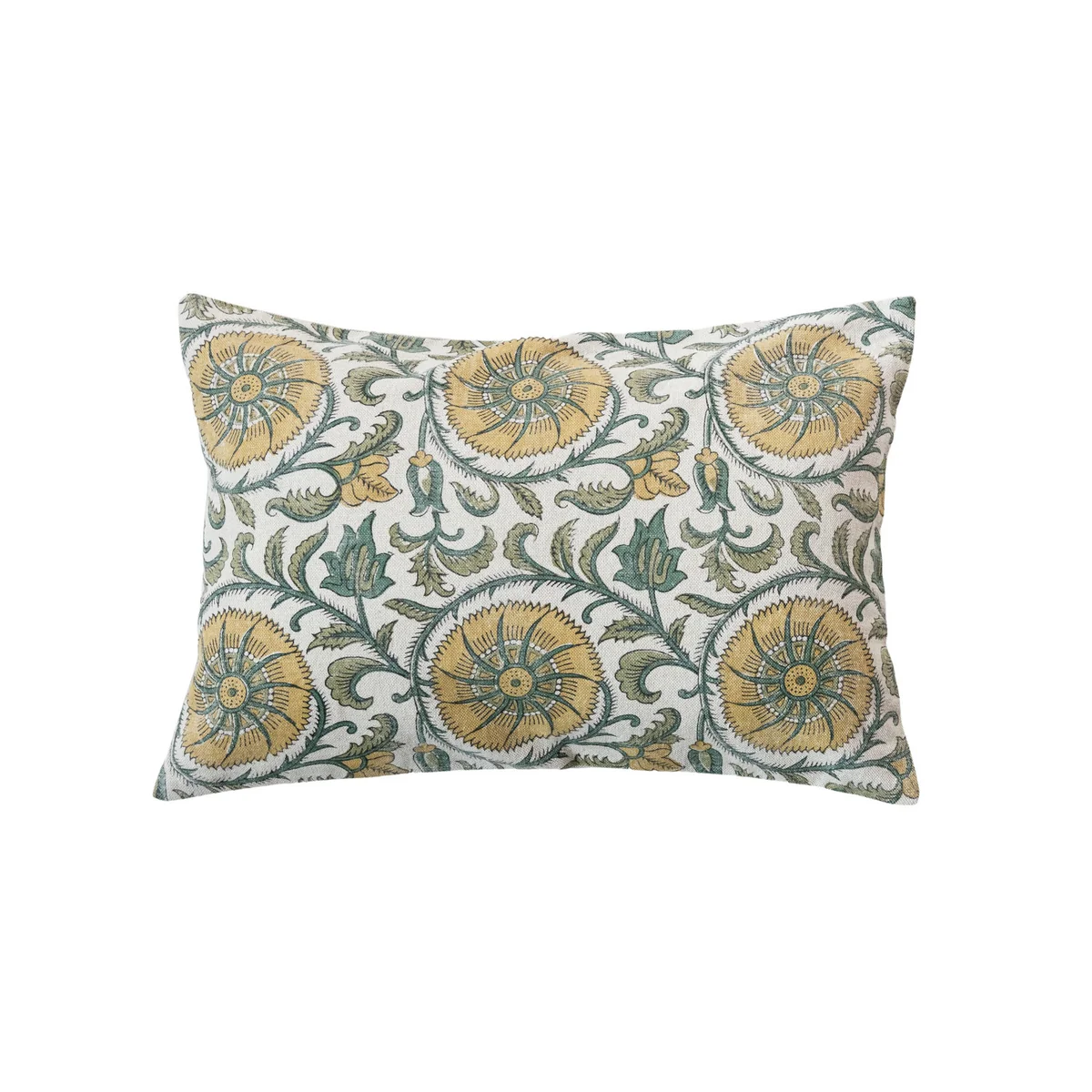 Fine Crafted Linen Cotton Block Printed Lumbar Pillow w Pattern Chambray Back Comfortable