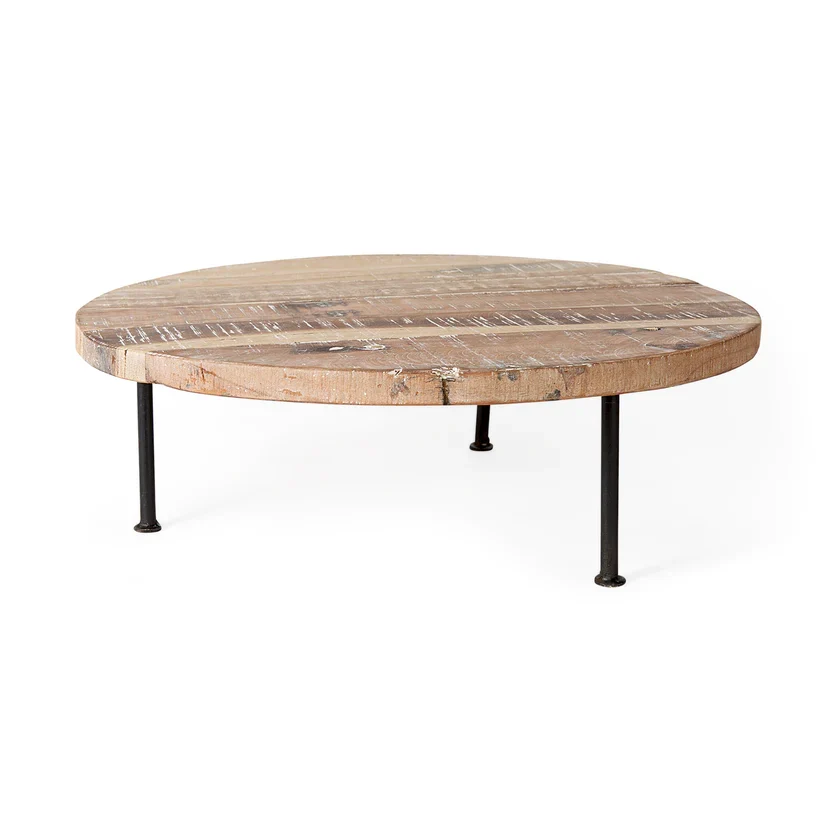 Optimized Cedric 20L x 20W x 4.5 Round Light Brown Wood w Black Metal Legs Decorative Display Stand Fashionable