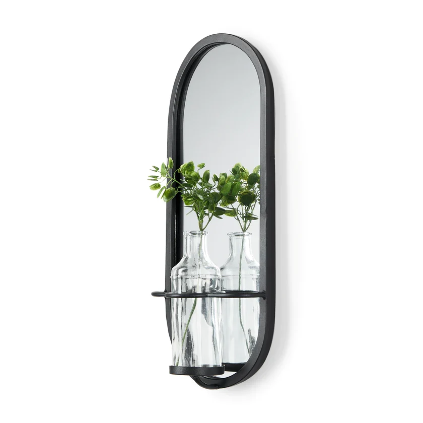 Minimalist Katherine Wall Mounted Mirror w Glass Bottle for Botanicals or Floral High-Grade