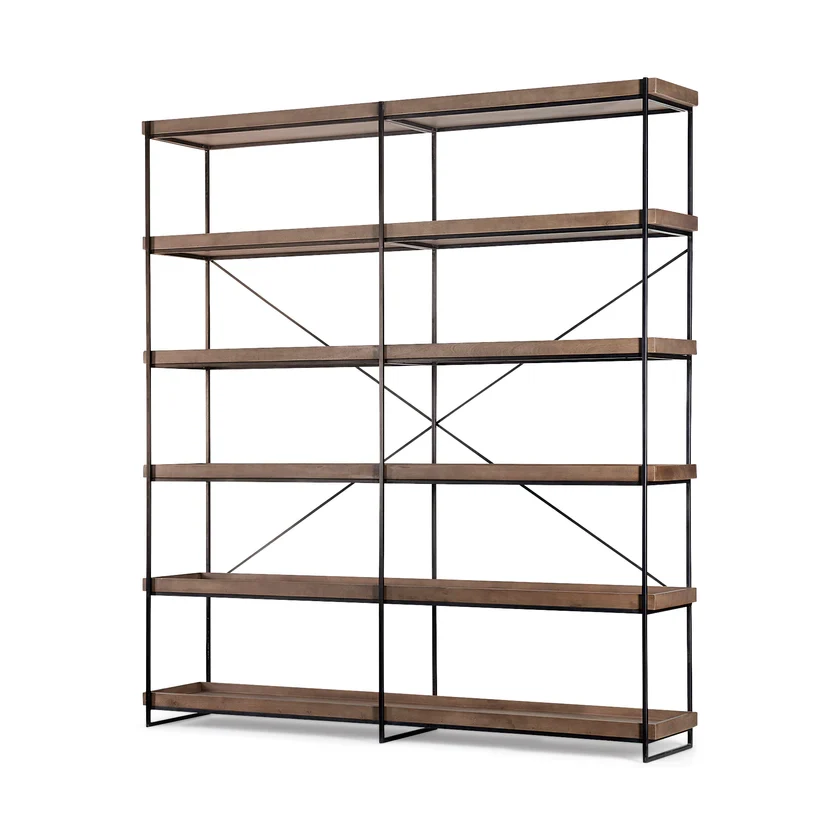 Verified Trey IV 80L x 16W x 87.5H Medium Brown Wood and Iron Five Tray Shelf Shelving Unit Luxury