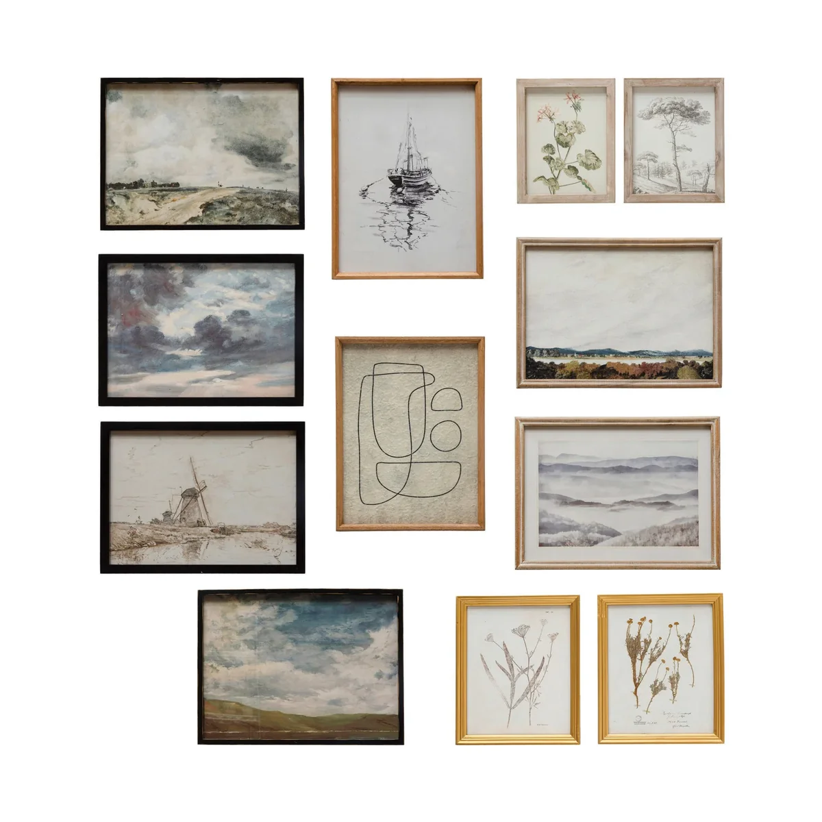Fine Wood Framed Glass Wall Decor w Landscapes Botanicals Abstract Image Set of 12 Carefully Designed