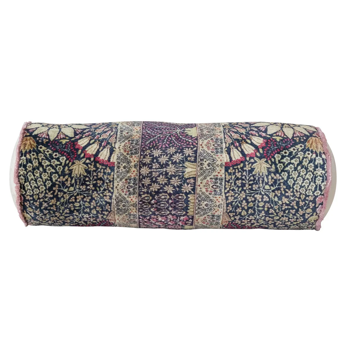 Stylish Cotton Velvet Printed Bolster Pillow w Botanical Pattern Eyelash Fringe Traditional