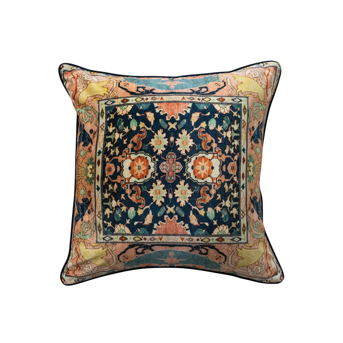 Convenient Square Cotton Velvet 20-inch Pillow with Vintage Carpet Pattern Piping Exceptional