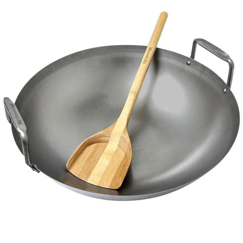 Comfortable Big Green Egg Carbon Steel Grill Wok w Bamboo Spatula Modern