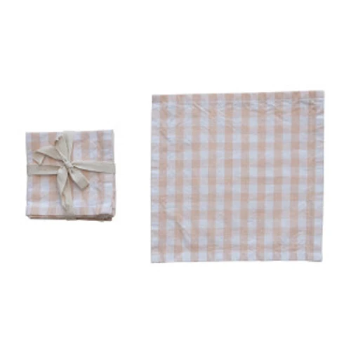 Healthy Cotton Cocktail Napkins w Gingham Pattern – Blush Color – Set of 4 Safe