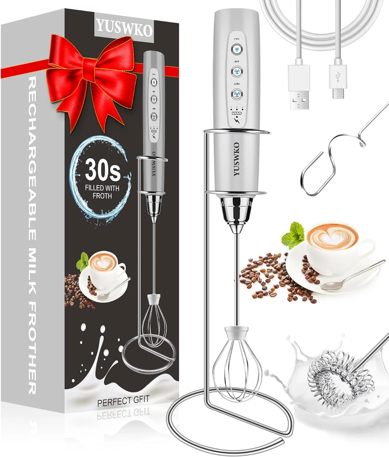 Expertly Made Yuswko Milk Frother Handheld for Coffee with Stand Rechargeable Drink Mixer with 3 Heads 3 Speeds Electric Coffee Frother Whisk Innovative