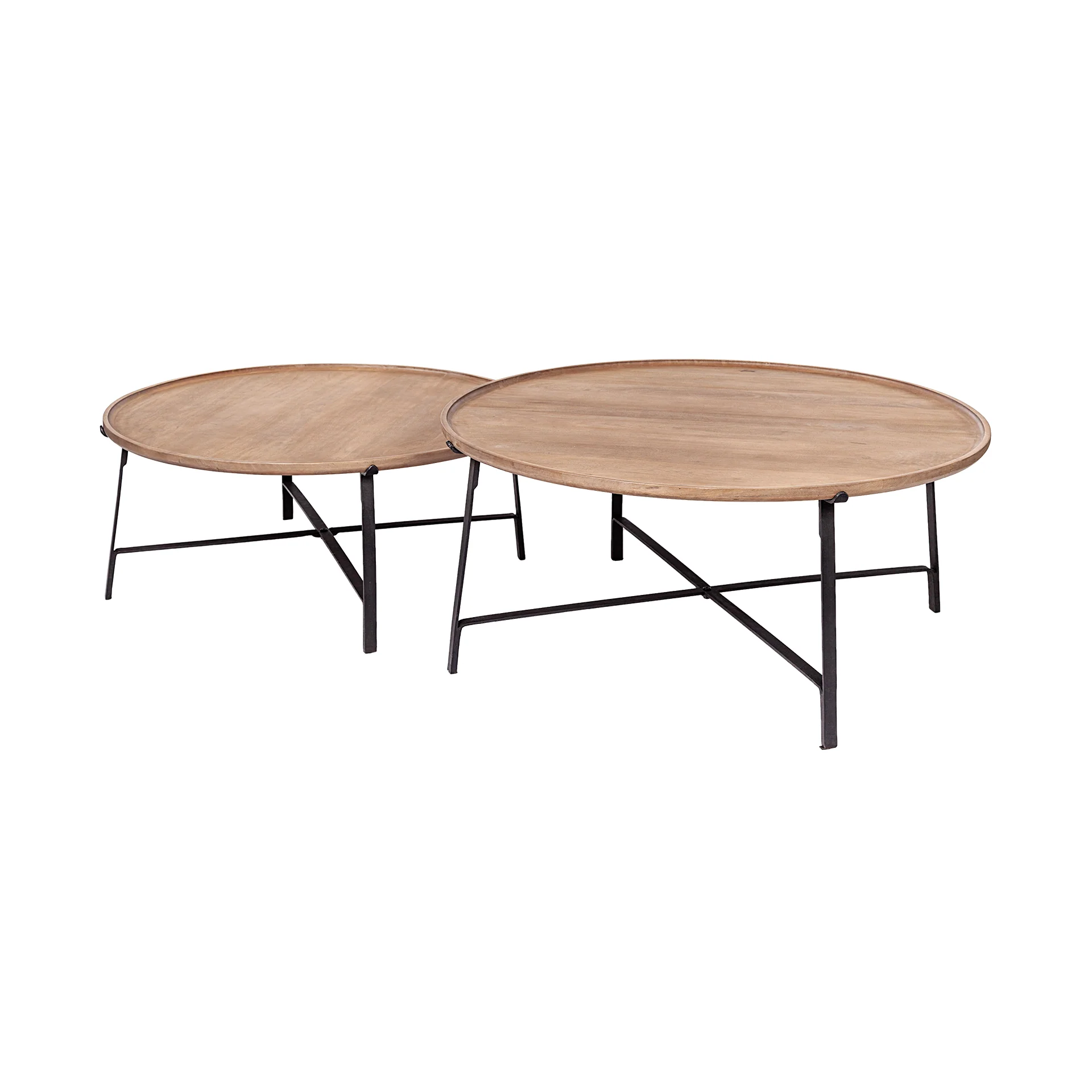 Powerful Helios Set of 2 Brown Solid Wood Top Black Metal Base Nesting Coffee Tables High-Performance