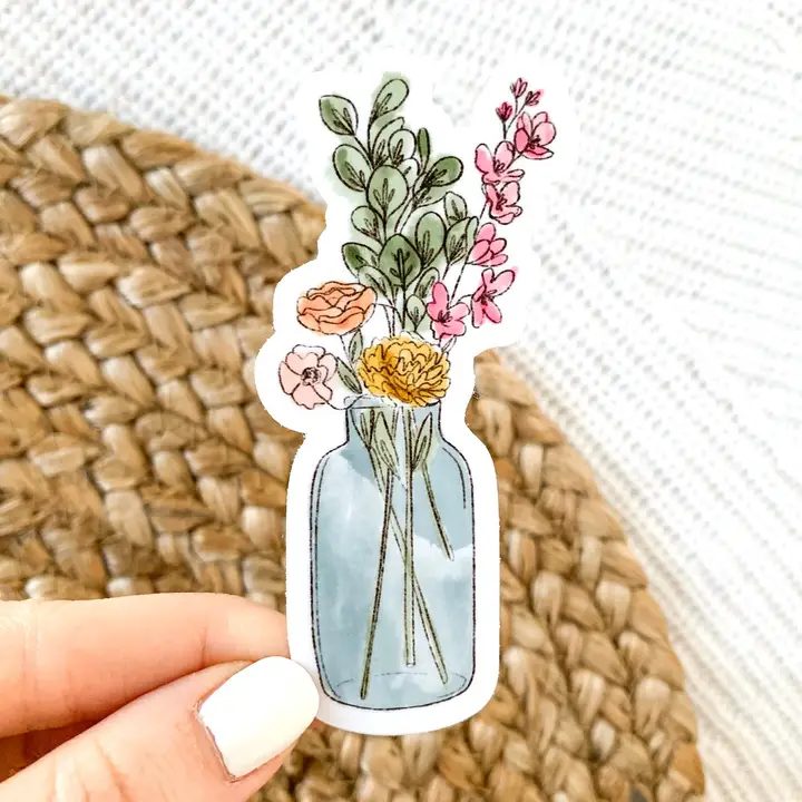 Contemporary Watercolor Vase with Flower Bouquet Sticker 3.5×1.75 Effective