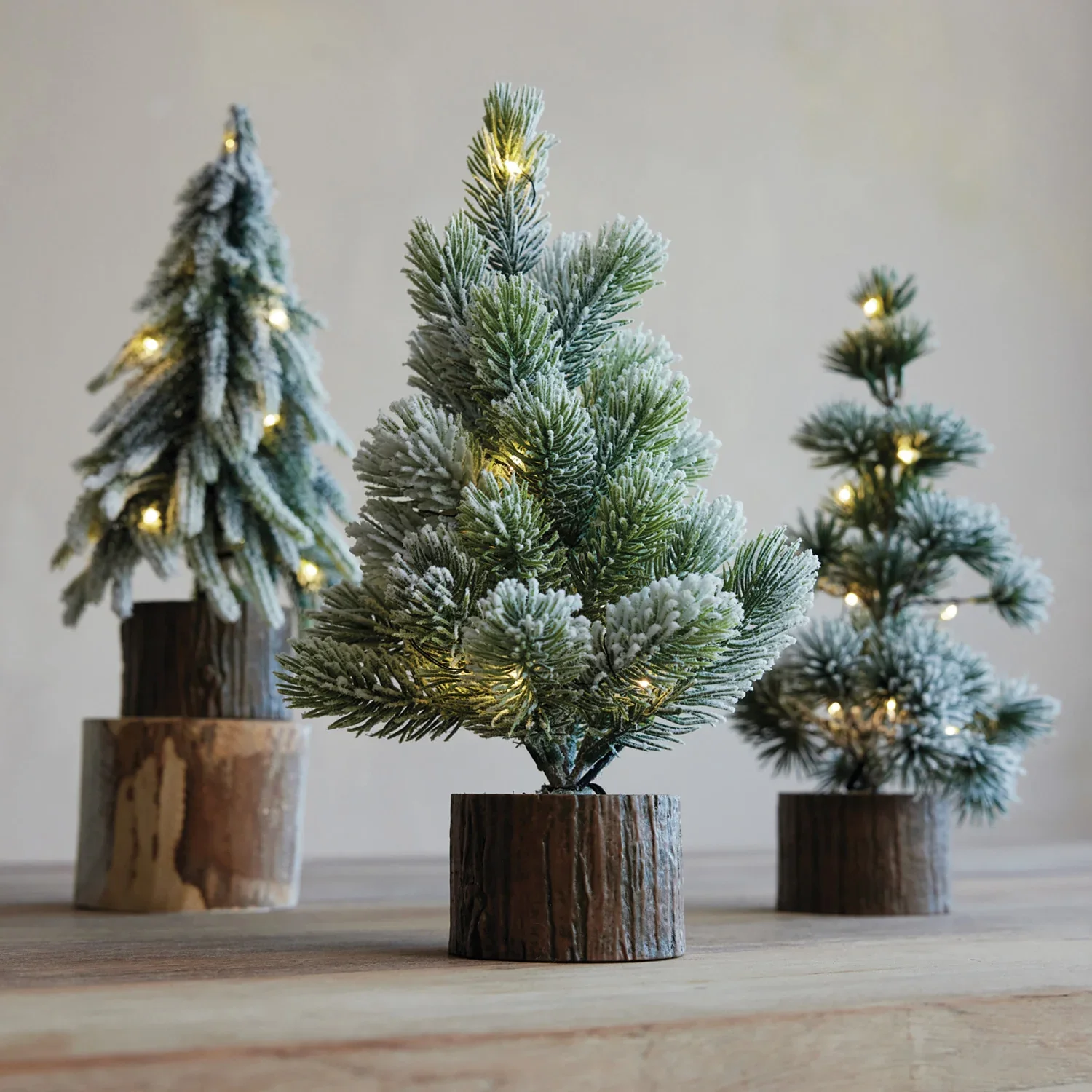 Minimalist Lighted Snow-Tipped Mini Tree with Faux Wood Base Long-Lasting