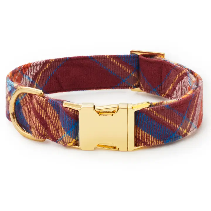 Premium Marlow Plaid Flannel Dog Collar with Gold Hardware Excellent