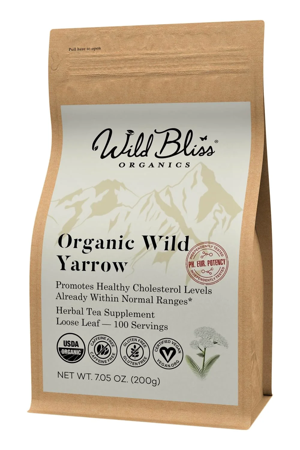 Clean Wild Bliss Organic Yarrow Flower Tea – Caffeine Loose Leaf Herbal Tea – Pharmacopoeia Potency – 7 Ounces – 100 Servings Easy-to-Use