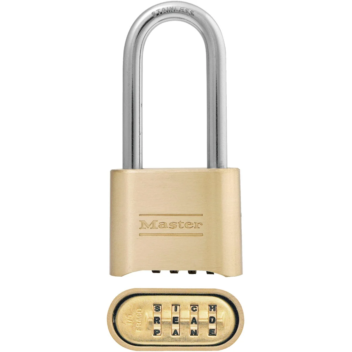 Superior Master Lock 2 In. Zinc Brass Colored Alpha Long Shackle Combination Padlock Safe