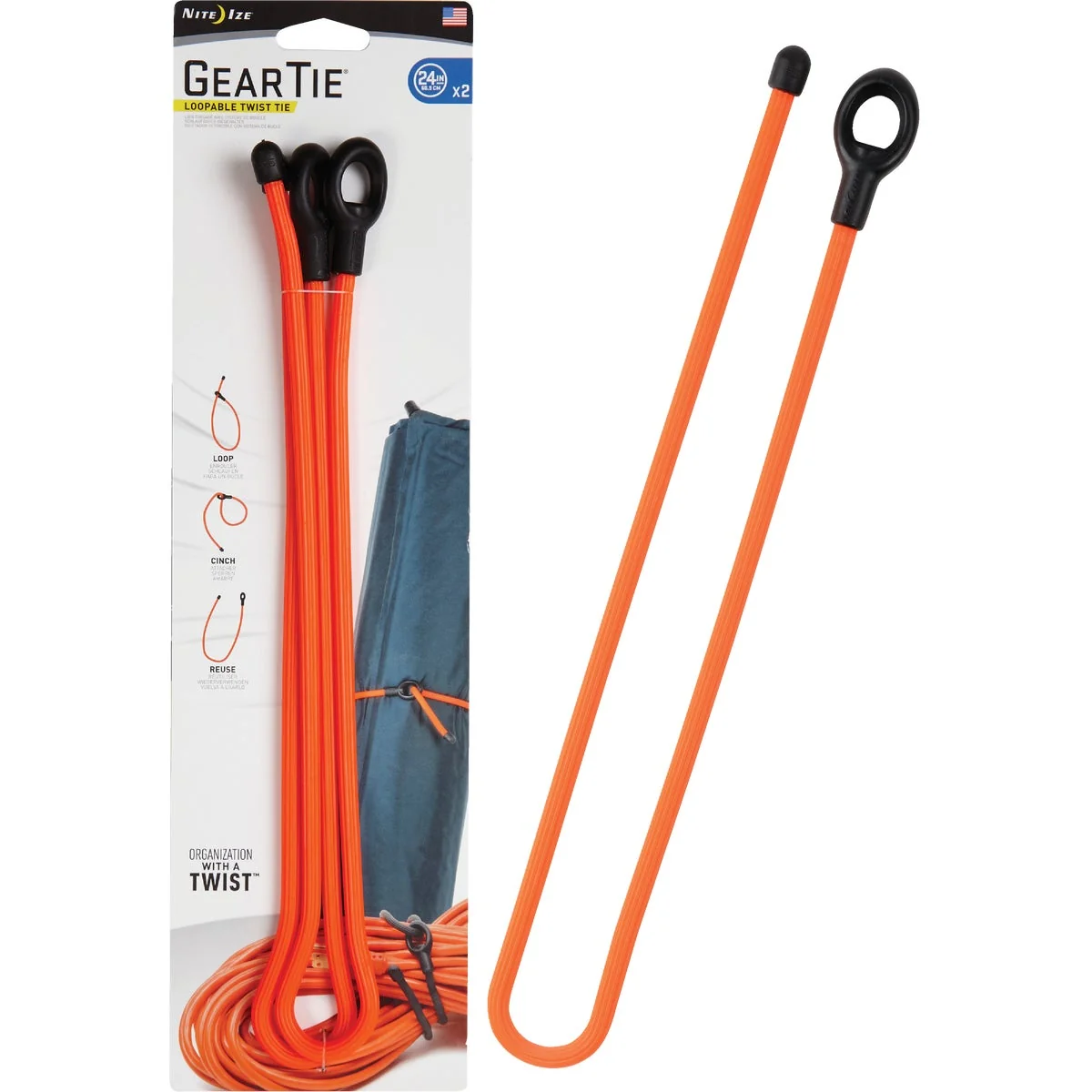 Recyclable GearTie 24 In. Orange Rubber Loopable Twist Tie 2-Pack Safe