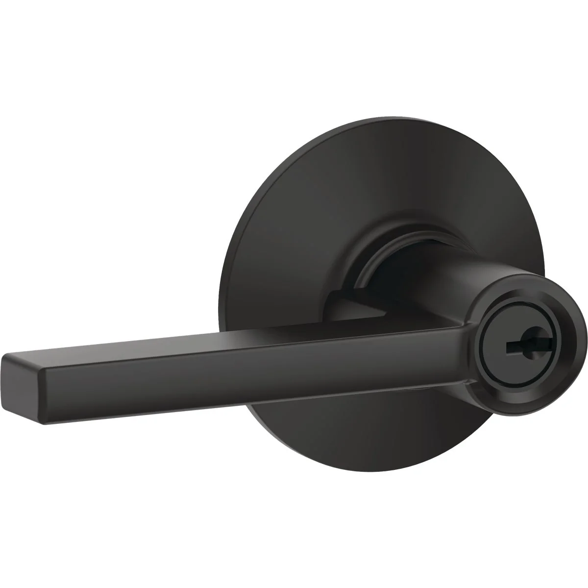 Minimalist Schlage Latitude Matte Black Keyed Entry Door Lever Pure