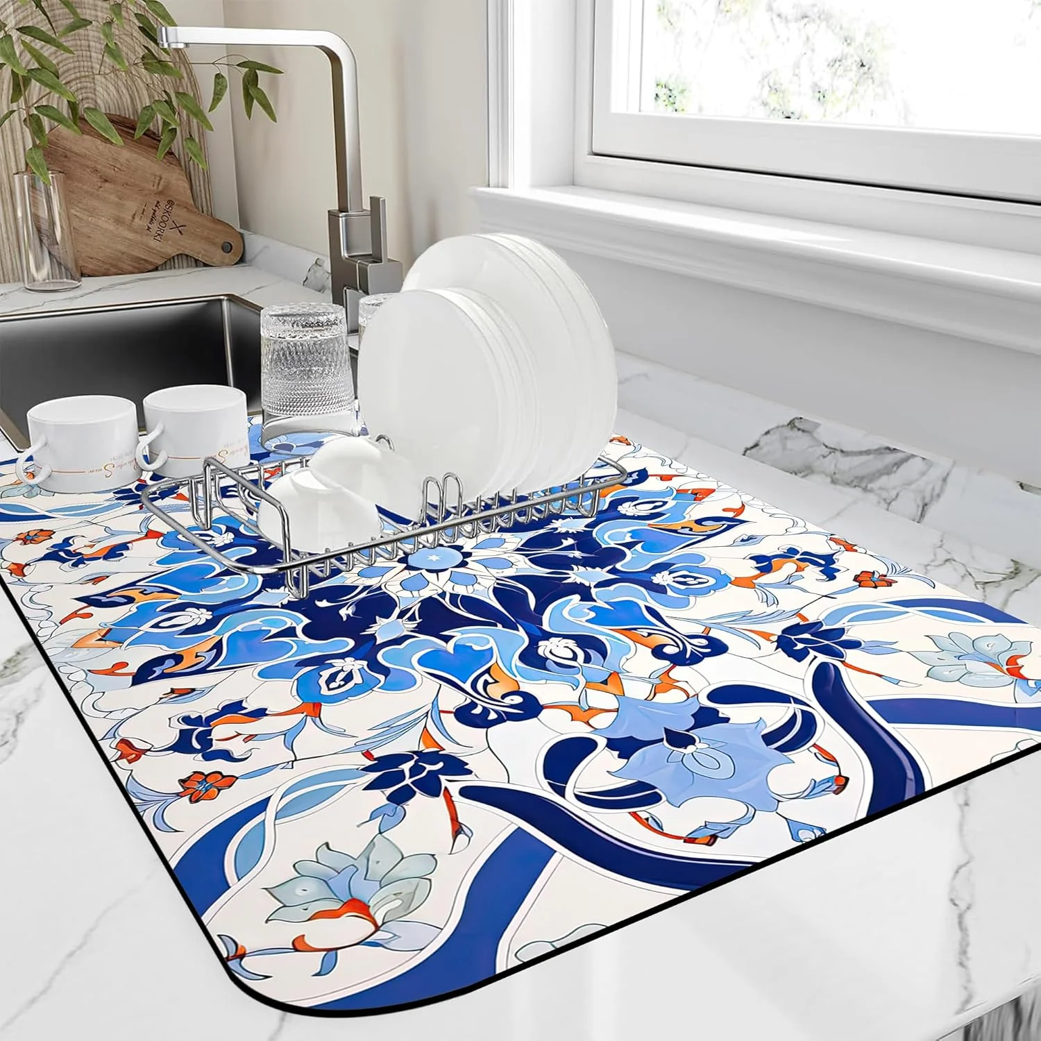 Natural Dish Drying Mat Mandala Blue Floral Kitchen Mat 12 x19 Bsorbent Coffee Maker Mat for Dishes Premium Material