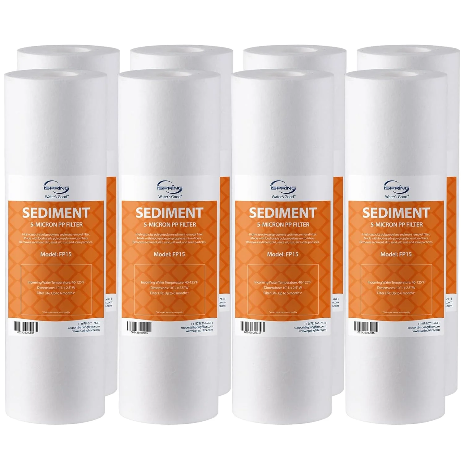 Smooth iSpring FP15X8 NSF 10 x2.5 Multi-Layer PP Universal Sediment Filter Cartridges 5 Micron 8-Pack Sustainable