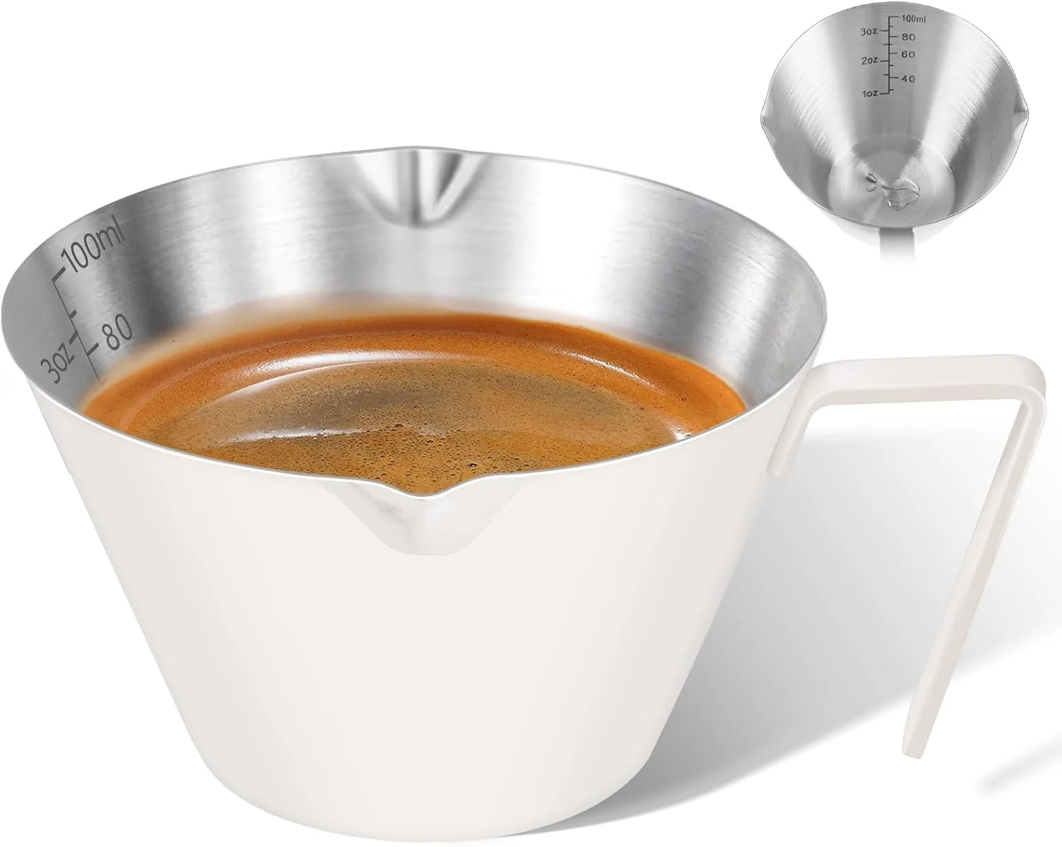 Specialty 1 Pc Stainless Steel Espresso Shot Cup with Dual Scale 3.4oz 100ml White Double Spout Measuring Cup with Handle V-Shaped Mouth I for Espresso Brewing and Coffee Making Breathable