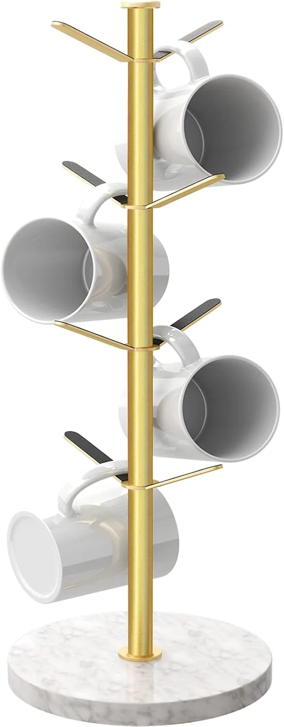 Green Gold Mug Holder Tree with Marble Base 8 Hooks Coffee Cups Holder Stand New Upgrad Stable Removable Mug Rack for Kitchen Cafe Classic