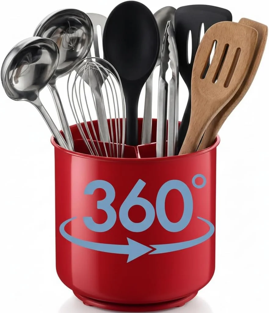 Efficient Extra Large Rotating Red Utensil Holder with Sturdy No-Tip Weighted Base Removable Divider and Gripped Insert Rust Proof and Dishwasher Safe Kitchen Utensils Holder by Cooler Kitchen 7 7 Inches Consistent