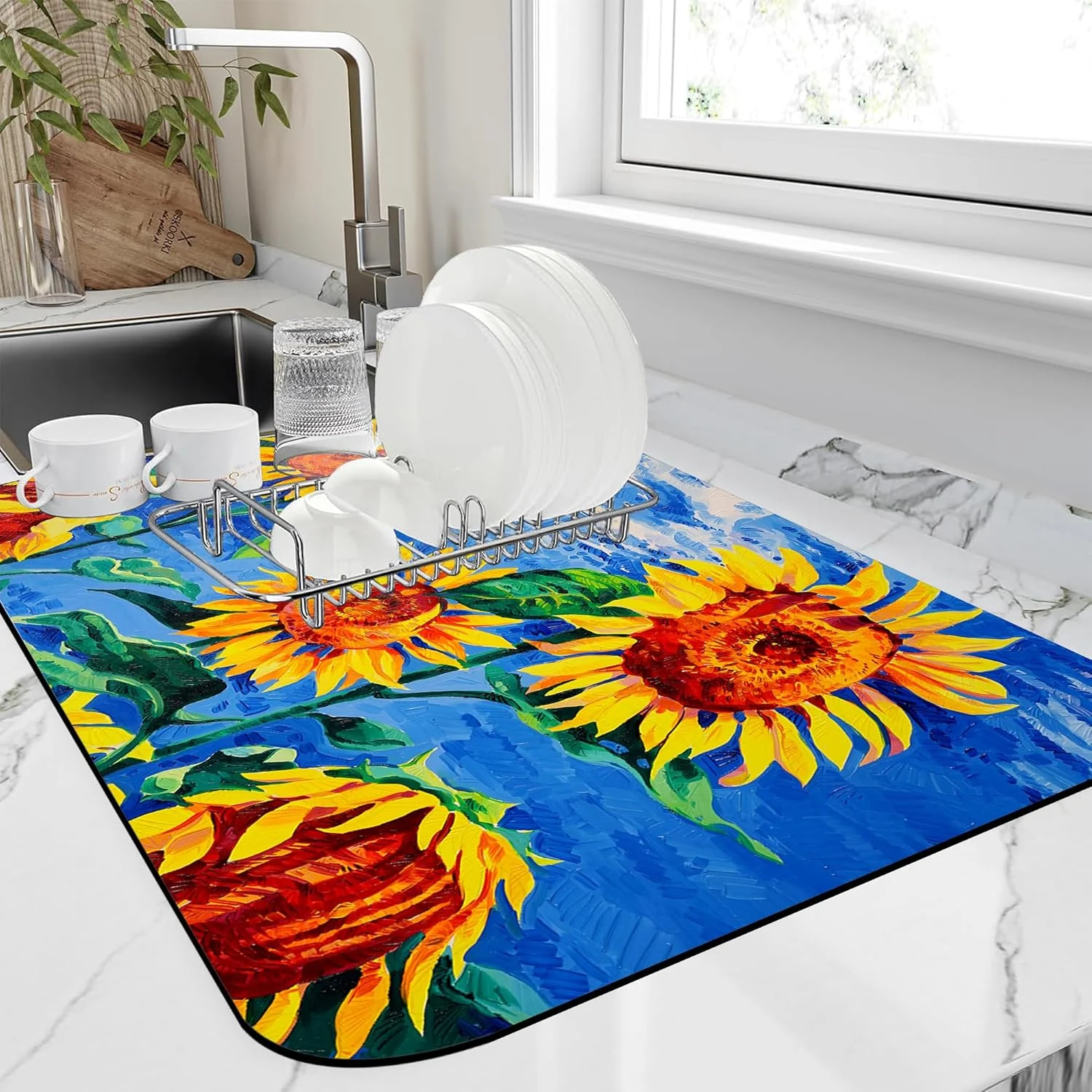 Next-Generation Kitchen Mat Oil Painting Sunflowers Dish Drying Mat 16 x24 Bsorbent Coffee Maker Mat for Sink Dishes or Under Rack Kitchen Counter Accessories Healthy